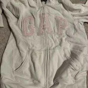 white gap zip up with pink sequined logo